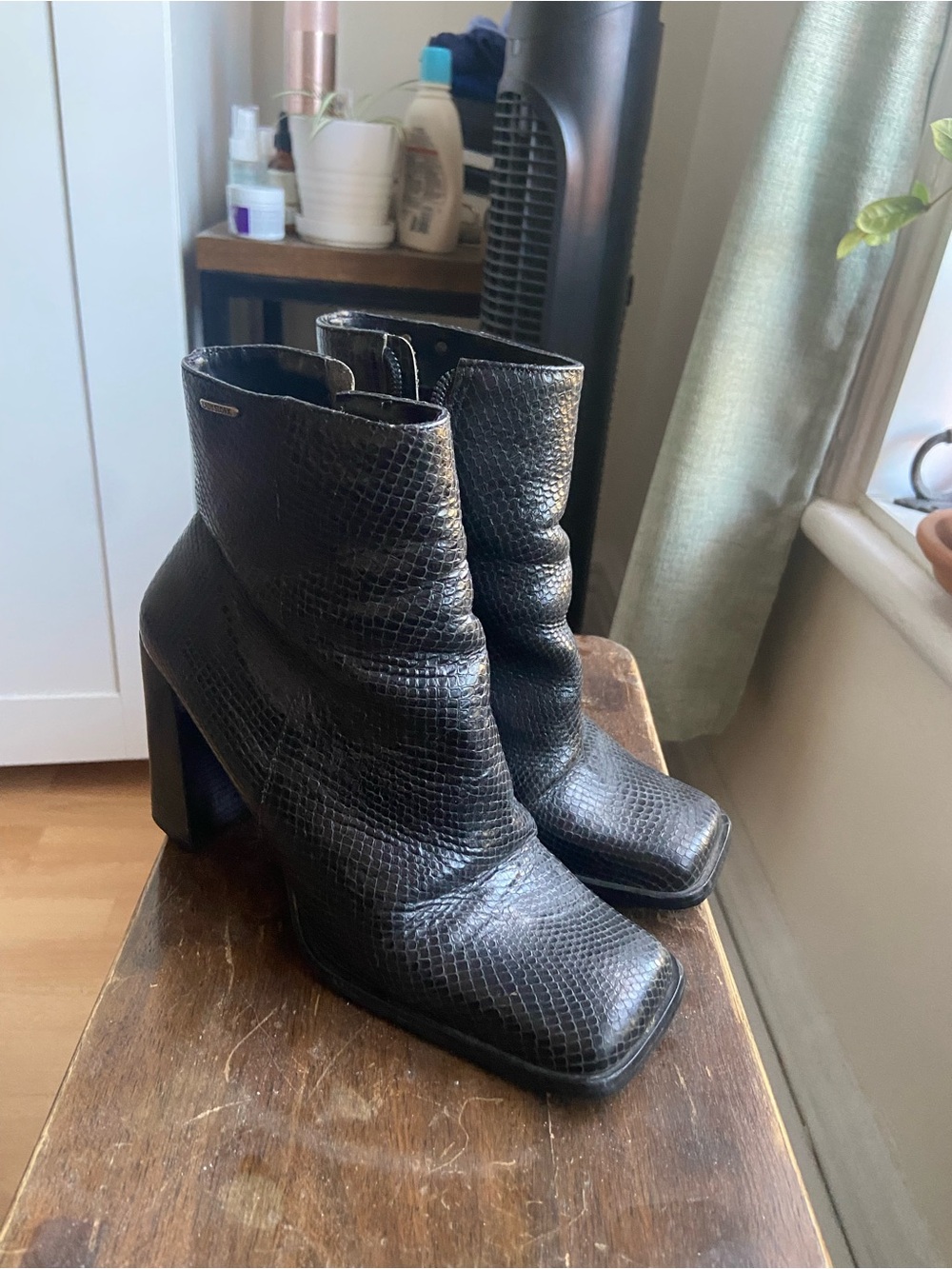 Black Snake Skin Square-Toe Chunky Heel Ankle Boots